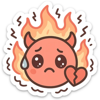 kawaii devil face with a broken heart, fire behind it, sweat drop, chaotic energy, pastel red and black colors, inspired by Verona Beach conflict aesthetic, discord emoji size sticker