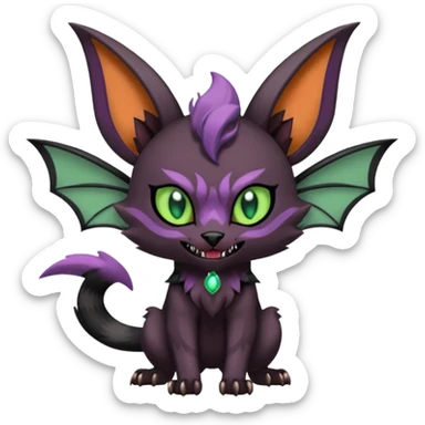 Black edgy Noivern-Noibat-Purloin-Torracat-Lykoi-Caracal-cat-Fakemon-fusion-hybrid-creature with bat wings on head as ears, big fangs, gothic markings sticker