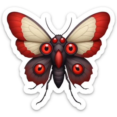Create a scary emoji of the mothman with bright red eyes and as depicted in the legend. Make it less bird like and more Moth / Human hybrid sticker