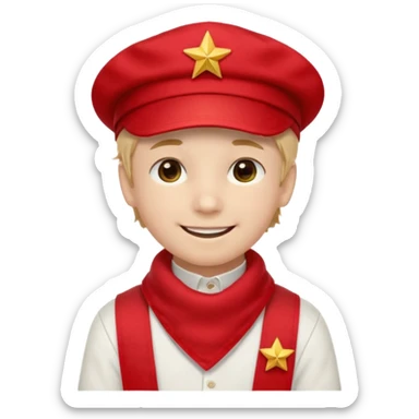 A Soviet pioneer emoji — smiling young boy wearing a bright red tie (pioneer neckerchief) and a red pilotka cap with a small gold star badge. White shirt, neat and cheerful, minimal flat emoji style, simple colors, clear outlines, professional emoji design. sticker