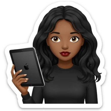 A young woman with long black hair, a wavy frange falling on half of her head.  She's black, medium to dark skinned with thick lips. She's holding an iPad, but she's wearing black casual clothes. she has long eyelashes. sticker