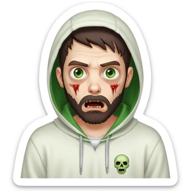 zombie with shocked expression, undercut hairstyle with dark brown hair, short full beard, heterochromia with one green eye and one brown eye, wearing plain white hoodie with hood up sticker