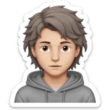 18 year old boy siren eyes good jawline with grey hoodie and long brown wavy wolf cut hair sticker