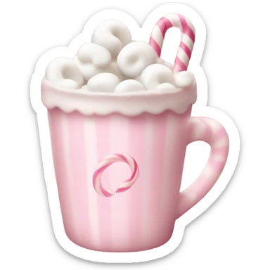 A light pink hot chocolate cup with little marshmallows in and a pink and white candy cane  sticker