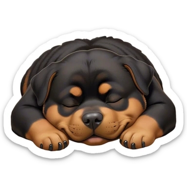 Cinematic Meme-Worthy Chubby Sleeping Rottweiler Portrait Emoji, Head resting peacefully with a contented smile, featuring a delightfully chubby build and a luxuriously soft black and tan fur, eyes shut in a serene nap, Simplified yet hilariously adorable features, highly detailed, glowing with a soft, drowsy light, high shine, relaxed and utterly lovable, stylized with an air of playful laziness, bright and endearing, soft glowing outline, capturing the essence of a comically sleepy guardian, so meme-worthy it feels like it could instantly become the next viral sensation of adorable slumber! sticker