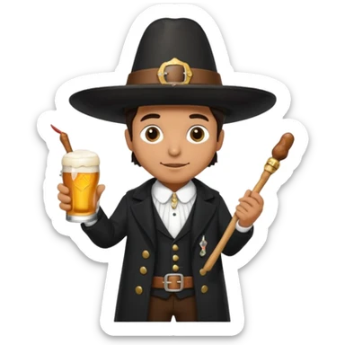 Mexican man dressesd as a Thanksgiving Pilgrim  holding a Turkey drumstick and a Corona beer sticker