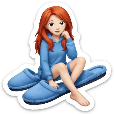 young woman with long red hear wearing comfy lounging outfit, wearing blue fuzzy slippers sticker