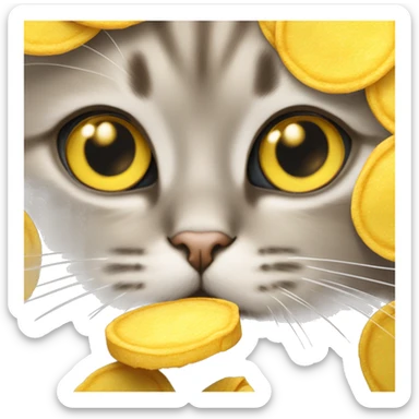 Beige-gray cute cat with big sparkling eyes peeking out of an open yellow Lay's chips packet sticker