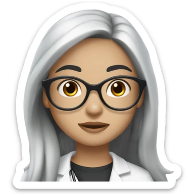  girl, with white skin tone, long black hair, wearing silver round harry potter glasses and a white scrub and a stethoscope  sticker
