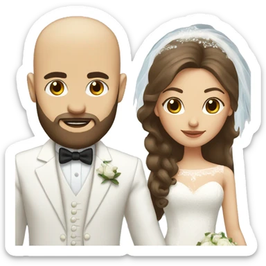 bride with long brown hair and bald dark bearded groom with white suit sticker