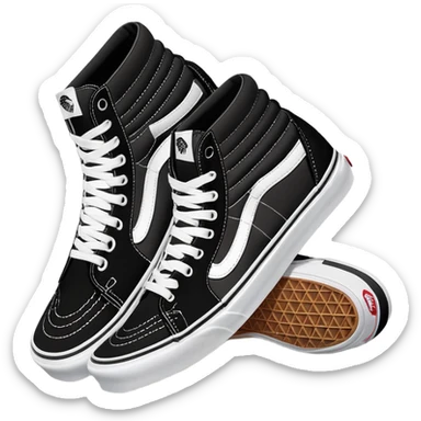 Two black Vans Sk8-Hi high top sneakers positioned in a staggered arrangement with one behind the other, classic black with white sidewall stripe, white laces and rubber toe cap sticker