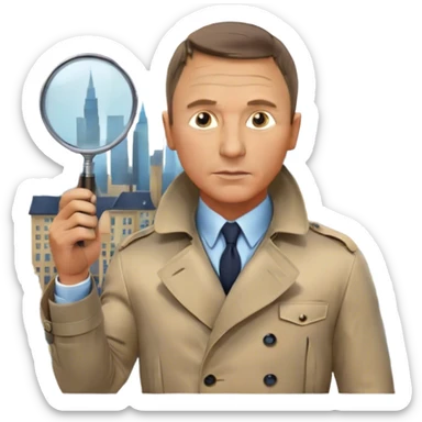 Icon for Detective Movies: A colorful collage featuring Daniel Craig as an inspector, with a magnifying glass and a mysterious city backdrop. Include a board with photos of suspects, fingerprints, and a crime scene. Retro movie poster style. Transparent background. sticker
