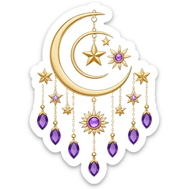 Epic beautiful gorgeous cute gold suncatcher, threads with shiny sparkly amethyst gemstones, flowers, crescents-moons, stars sticker