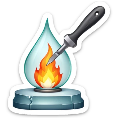 Glassworking icon, piece of glass being shaped with tools, glass cutter, flame for glassblowing, smooth edges, sparkling texture, minimalistic style, clean lines, transparent background. sticker