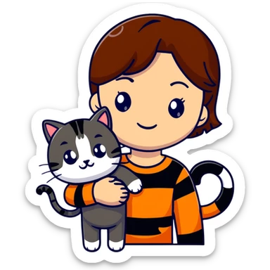 tan brown-haired girl holding two cats, one black cat and one orange tiger-striped cat sticker