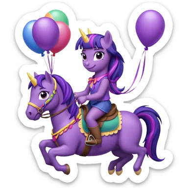 twillight sparkle mlp holding colorful balloons tied to its saddle, looking cheerful. sticker
