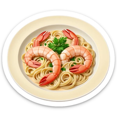 create a Whole Shrimp Linguini Camera angle: slightly elevated top-down view with a gentle bird’s-eye perspective (about 15–20°), identical perspective and scaled do not add anything on plate

 sticker
