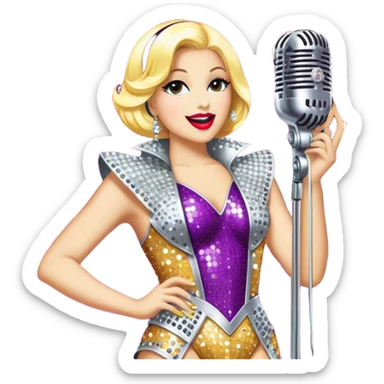 Create a glamorous and vibrant emoji representing stage vocal performance. The design should feature a humanless collage of classic vintage microphone, stage costume covered in rhinestones, large scene speakers, scene lights. The costume should be stylized, with glittering elements like sequins and sparkles, and reflect the glitzy, extravagant nature of show business. The microphone should have a sleek, retro look with chrome or metallic accents. Use rich, dazzling colors like gold, silver, deep purple, and bright red to evoke the glamorous, larger-than-life feel of a stage performance. The background should be transparent. sticker