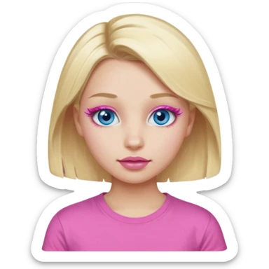 girl with blue eyes blonde in a pink t-shirt with pink lips painted eyelashes and soft facial features sticker