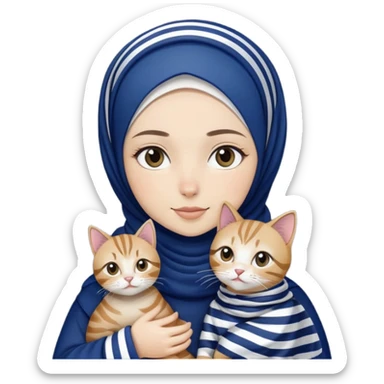 White hijab girl wearing dark blue hijab holding stripes tabby cat sticker