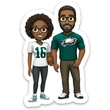 Brown guy with no glasses with a beard and mustache holding a brown girl wearing glasses and hair in a bun wearing Philadelphia eagles clothing sticker