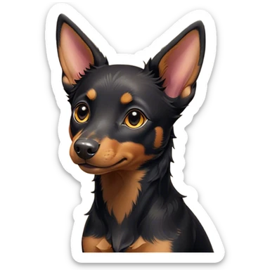 Cinematic Cute Black and Tan Kelpie Portrait Emoji, Head tilted playfully and inquisitively, featuring a sleek black Fur with vibrant tan markings, round, sparkling dark eyes filled with curiosity, Simplified yet irresistibly adorable features, highly detailed, glowing with a warm, friendly glow, high shine, affectionate and spirited, stylized with a touch of whimsy, bright and endearing, soft glowing outline, capturing the essence of a mischievous yet loving herder, so playful it feels like it could leap out of the screen and into your arms! sticker