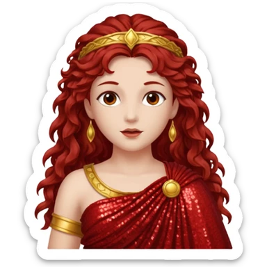 Vesta, Goddess of Hearth from Roman Deities with long dark red wavy hair, red sequin toga  sticker