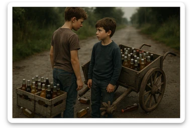 Bir g'ildiragi singan ichimliklar ortilgan arava uning yonida aka uka bir biriga havotirli nigoh bilan qarab turibdi realistik uslubda yuzi ko'rinmasin sticker