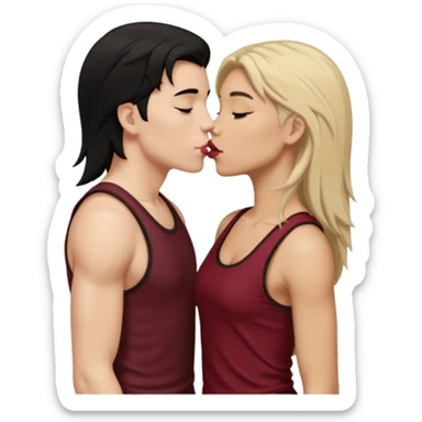 a white masculine woman with short mullet tomboy black hair wearing men's black tank top kissing a lightskin woman with long dark blonde hair wearing maroon tank top sticker