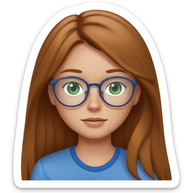 Create an emoji of a girl with light brown hair long length hair, green eyes, freckles, glasses and wearing a blue shirt sticker