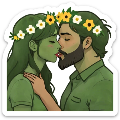 a brunette girl with hazel eyes and dark nude lips and brunette man with a beard kissing esch other  sticker
