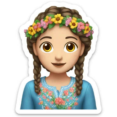 a brunette girl with a braid in a Ukrainian embroidered shirt and a wreath of flowers on her head sticker