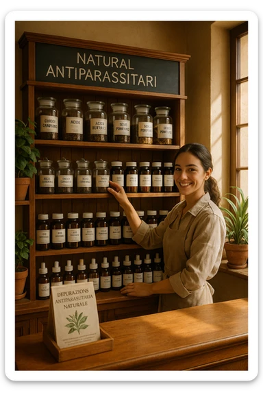 A realistic, well-lit herbal supplement store interior with wooden shelves neatly displaying glass jars and bottles labeled as ‘Chiodi di Garofano’, ‘Acido Butirrico’, and ‘Semi di Pompelmo’, organized in a clean and aesthetic manner. Small handwritten chalkboard signs indicate ‘Natural Antiparasitic Supplements’ above the section. The environment feels warm and trustworthy, with potted green plants adding freshness and a subtle sunlight entering through a window. A young shop assistant with a welcoming smile arranges the products, while informational leaflets about natural parasite cleansing are visible on a wooden counter, creating a holistic and health-conscious atmosphere in Italiano sticker