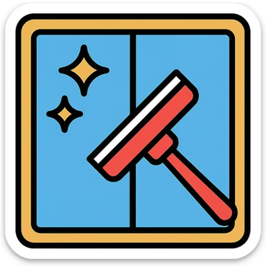 color outline icon of a window being cleaned, squeegee and sparkles sticker