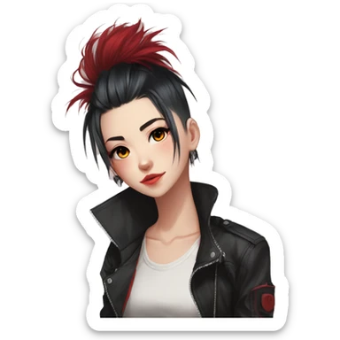 Gorgeous anime style tomboy-lady with blushing face aesthetic and pretty edgy black red punk hair with hair garment trending style sticker