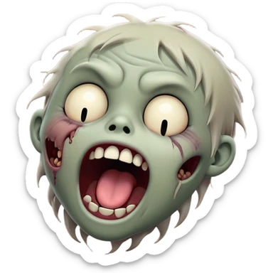 Cinematic Cute Yawning Zombie Portrait Emoji, with a delightfully quirky, slightly disheveled face in muted ashen tones, head tilted back in a big, funny yawn that reveals quirky stitches and playful gaps, simplified yet irresistibly charming, highly detailed with a soft, eerie glowing outline capturing the sleepy, offbeat vibe of a zombie taking a nap! sticker