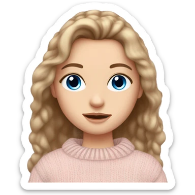 Pretty blue eyed white girl with brown hair with light pink sweater reading cozy sticker