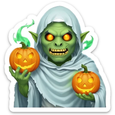male orc ghost emoji, green skin, tusks, wearing torn white ghost sheet costume, holding glowing jack-o'-lantern, faint blue aura, friendly but spooky expression, Halloween fantasy theme, Apple emoji style, clean white background, square sticker