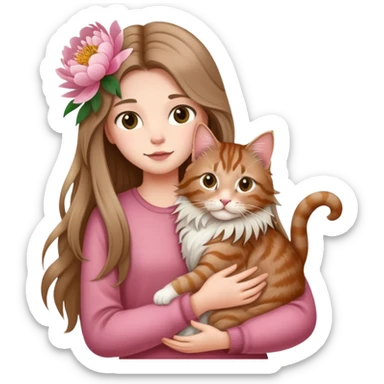 A long haired girl holding a long haired tabby in peony sticker