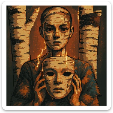 Create a surreal and imaginative pixel art style image of a woman holding a birch tree mask, inspired by the birch tree surreal character style from the references. The style should blend pixel art aesthetics with surreal elements, capturing the unique and imaginative essence of the birch tree character. sticker