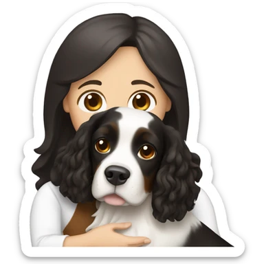 A white woman that has long black hair and honey brown eyes, hugging a white and brown springer spaniel dog  sticker