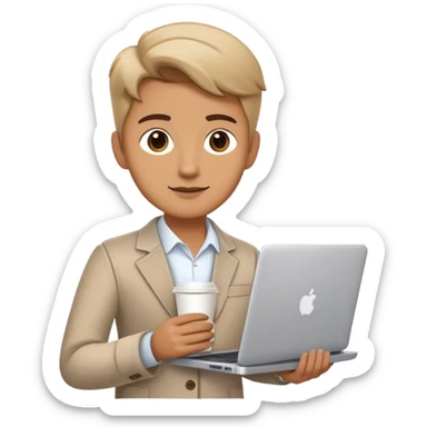 business owner confidently, holding a closed laptop in one hand and a takeaway coffee cup in the other. The character wears casual-smart clothes. sticker