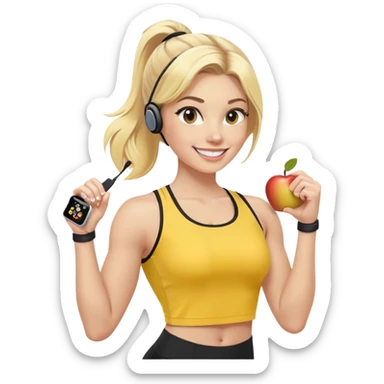 Sporty blonde woman in yellow top and black leggings, showing bicep, smiling, with wireless earbud and Apple Watch sticker