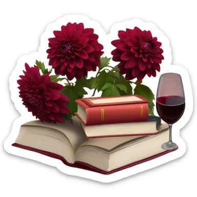 A deep red pile of books with classic dahlias and a spilled wine glass sticker