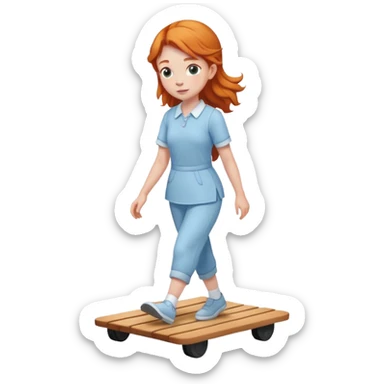 Ginger girl walking on wooden walking pad light blue outfit sticker