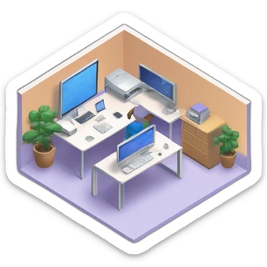 isometric square solid outline border containing indoor creative start-up office people active working computer simple clean developer-space #edc31b  sticker