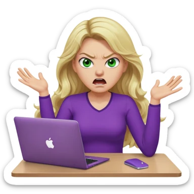 lady with long wavy blonde hair, purple top, green eyes, at desk with hands and face gesturing very angry and shouting, with a purple mac laptop  sticker