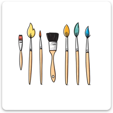 Set of artist paintbrushes in different sizes and shapes with wooden handles and colorful bristles. Using specific pastel colors (dd9fb0, ffc6d3, a3bfc9, c4bee2, f1b091). Hand-drawn doodle style with intricate details. Some brushes have paint on their tips. Transparent background. sticker