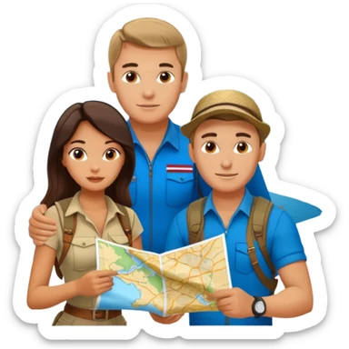 Russian man and elegant Latina girl in adventure outfits with a map planning a trip Montenegro in the background  sticker