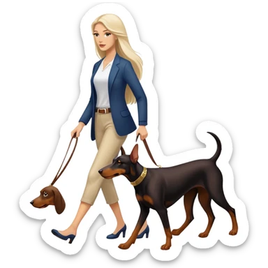 A beautiful white woman with long hair walks a Doberman sticker